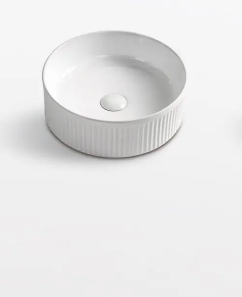 370 x 370 x 130 mm Round Gloss White Fluted Above Counter Ceramic Basin