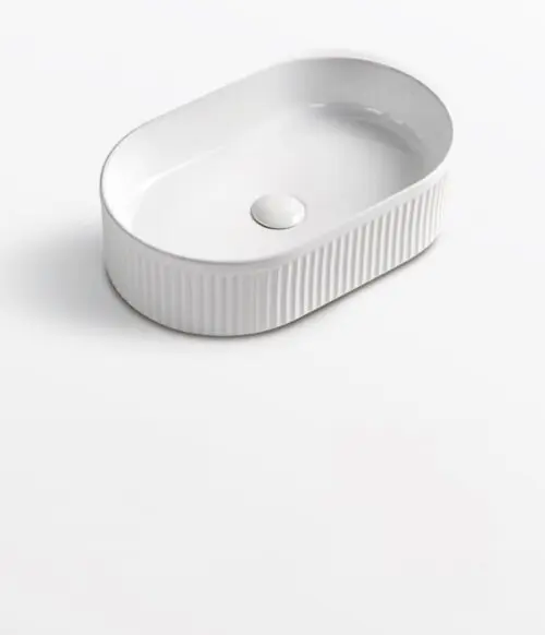 490 x 310 x 130 mm Oval Gloss White Fluted Above Counter Ceramic Basin
