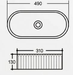 490 x 310 x 130 mm Oval Gloss White Fluted Above Counter Ceramic Basin