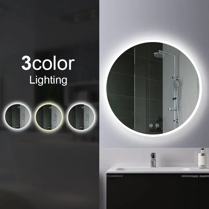 600mm Round 3 Color Lighting LED Mirror Touch Sensor Switch Defogger Pad Wall Mounted- Lighting on the rim