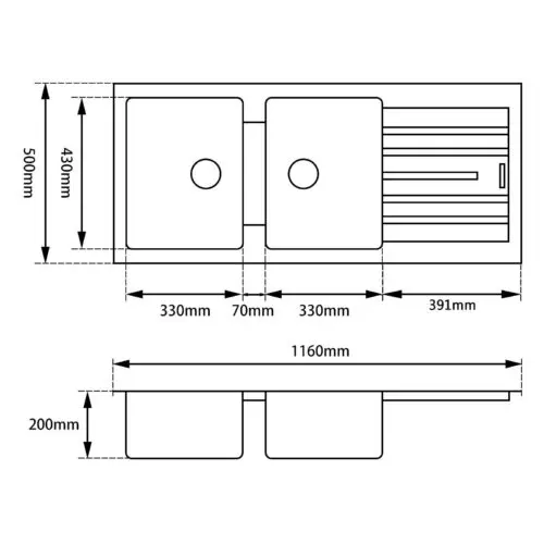 1160*500*200mm Black Granite Quartz Stone Kitchen Sink Double Bowls Drainboard Top/Undermount