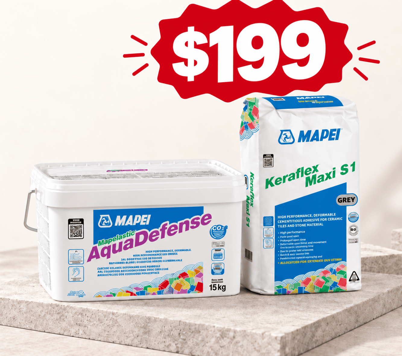 Mapei Waterproofing and Tiling Bundle featuring 15kg Mapelastic Aquadefense bucket and Keraflex Maxi S1 tile adhesive bag