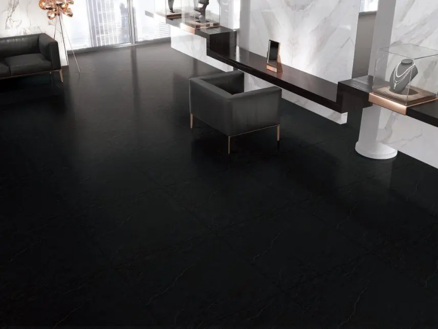 Super Black Slate textured porcelain tile for modern indoor floors and walls