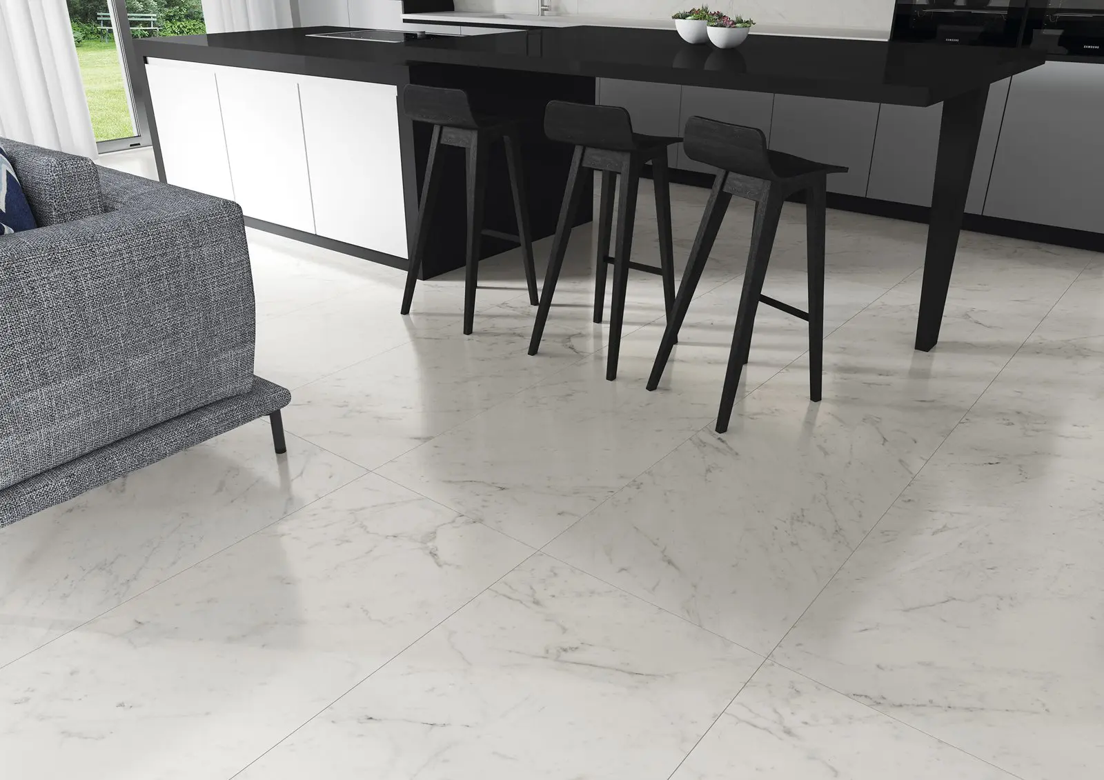 Portinari Lumina GP Carrara marble-look tile in 600 x 1200mm format