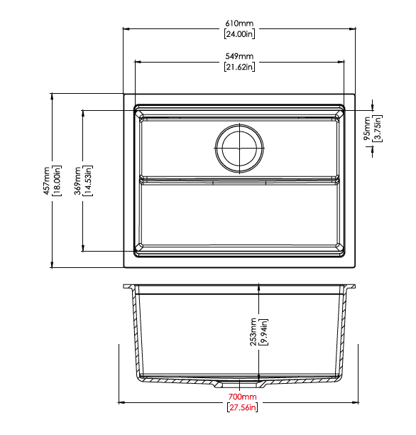 610*457*253 mm Carysil Harmony Single Bowl Granite Kitchen Sink