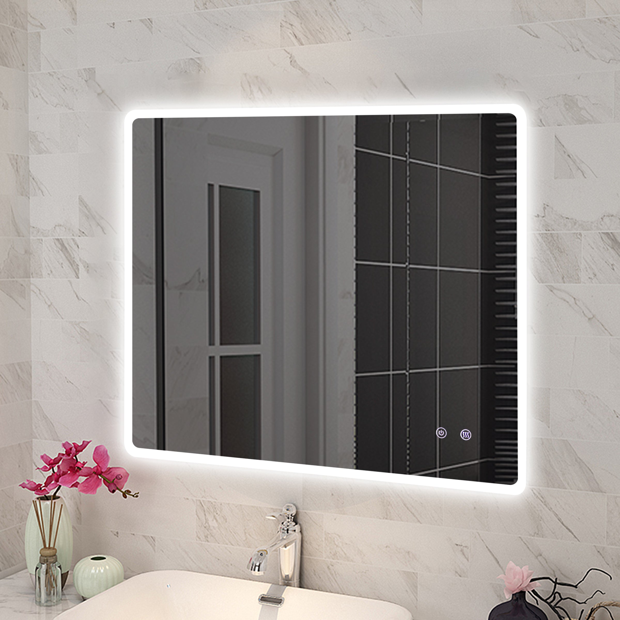 900x750mm Curved Rim Rectangle 3 Color Lighting LED Mirror Touch Sensor Switch Defogger Pad Wall Mounted Vertical or Horizontal