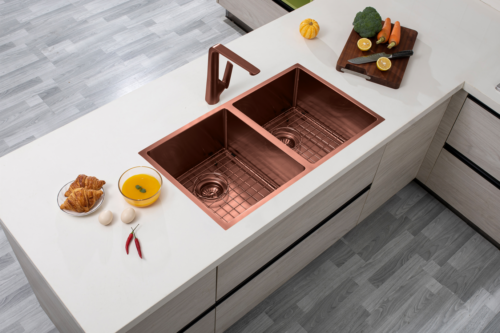 770*450*215mm Rose Gold PVD Hand-made Double Bowl Kitchen Sink