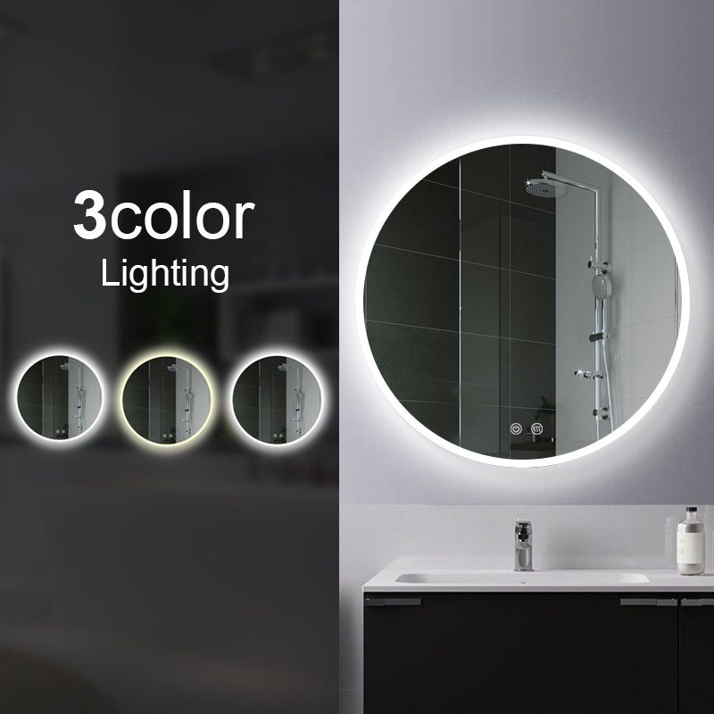 750mm Round 3 Color Lighting Acrylic LED Mirror Touch Sensor Switch Defogger Pad Wall Mounted- Lighting on the rim