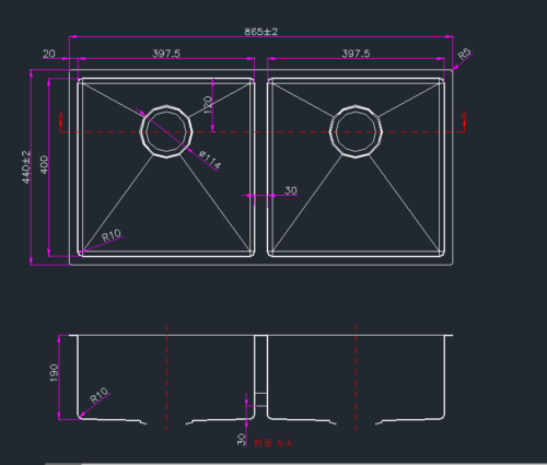 865*440*190mm Hand-made Double Kitchen Sink(Round Edges)