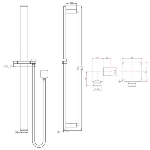 Square Brushed Brass Sliding Shower Rail without handheld Shower (PVC Hose)