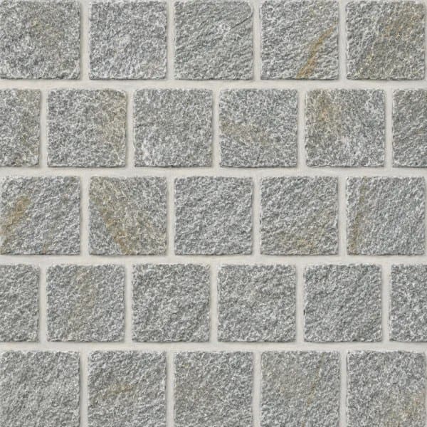Forest Grey Quartz Cobblestone Pavers showing grey textured cobbles with light mineral markings in offset rows