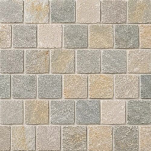 Gold Cream Quartz Cobblestone Pavers showing cream, beige and grey textured cobbles in offset rows
