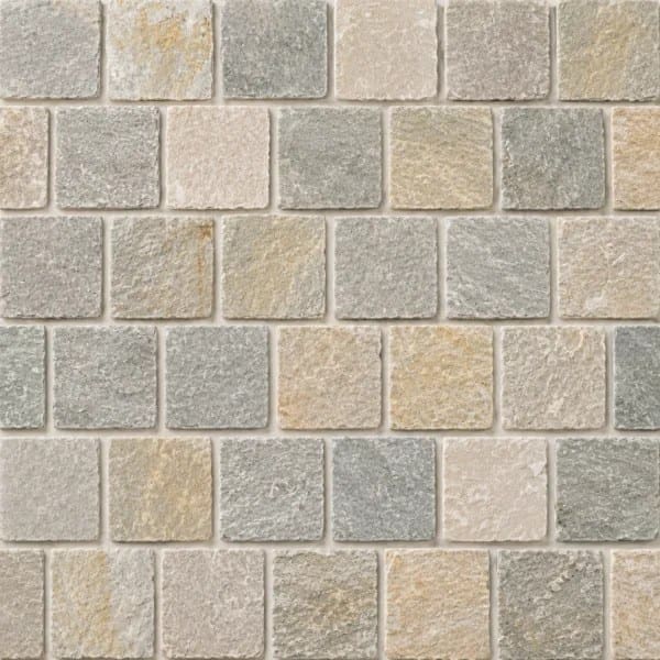 Gold Cream Quartz Cobblestone Pavers showing cream, beige and grey textured cobbles in offset rows