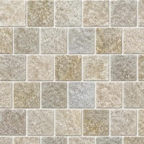 Heritage Gold Quartz Cobblestone Pavers showing beige, grey and muted gold textured cobbles in offset rows