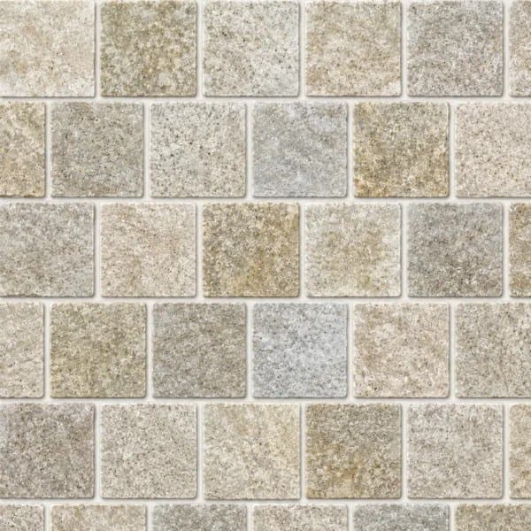 Heritage Gold Quartz Cobblestone Pavers showing beige, grey and muted gold textured cobbles in offset rows
