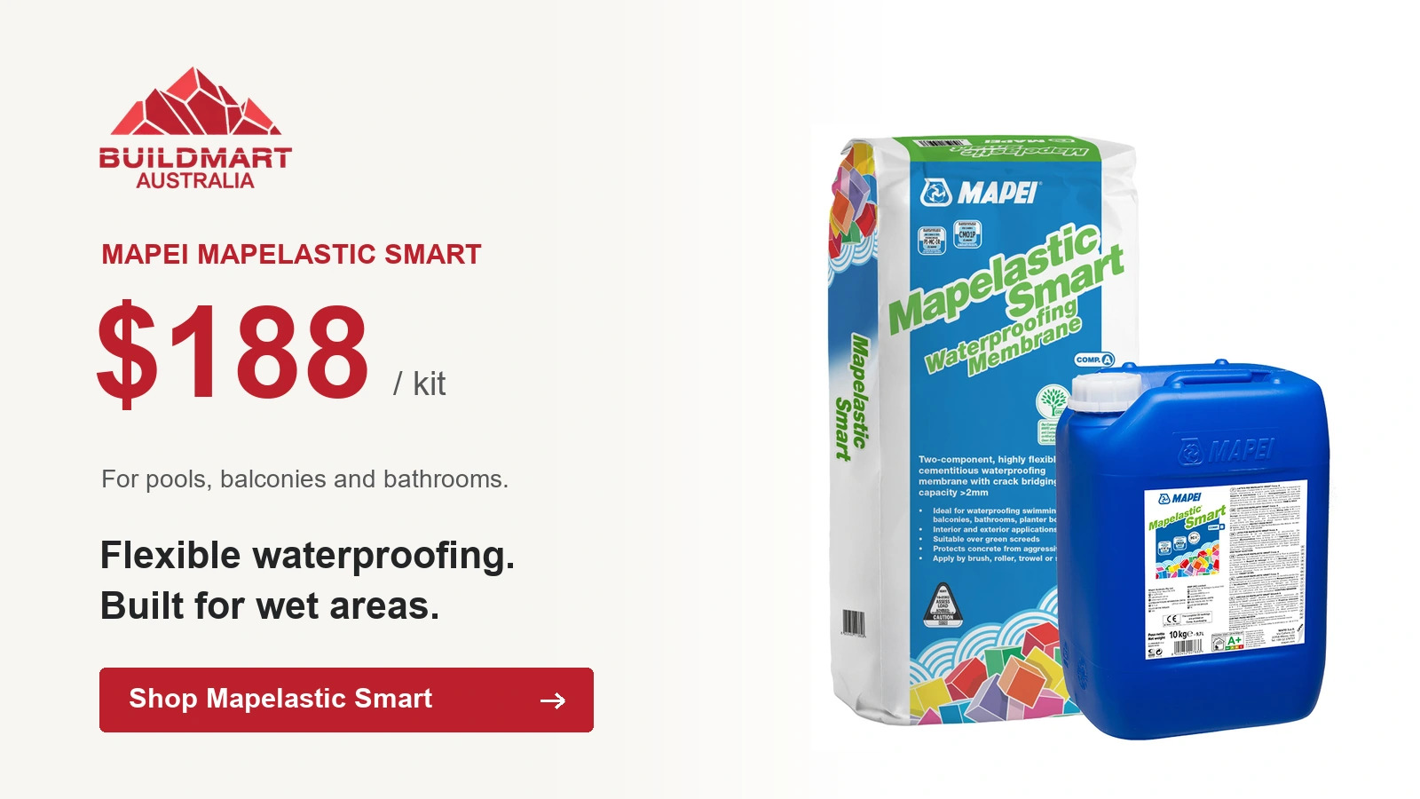 BuildMart homepage banner showing the MAPEI Mapelastic Smart waterproofing kit at A$188 per kit, for pools, balconies and bathrooms.