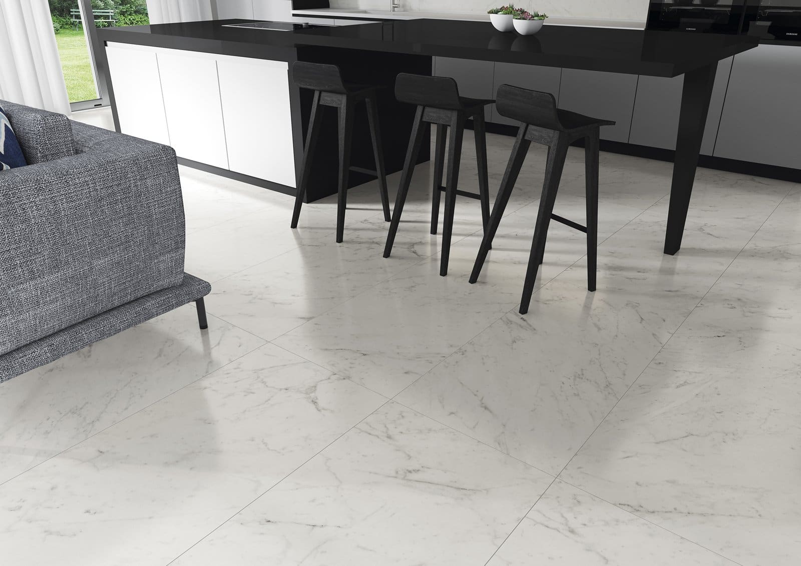 Portinari Lumina GP Carrara marble-look tile in 600 x 1200mm format